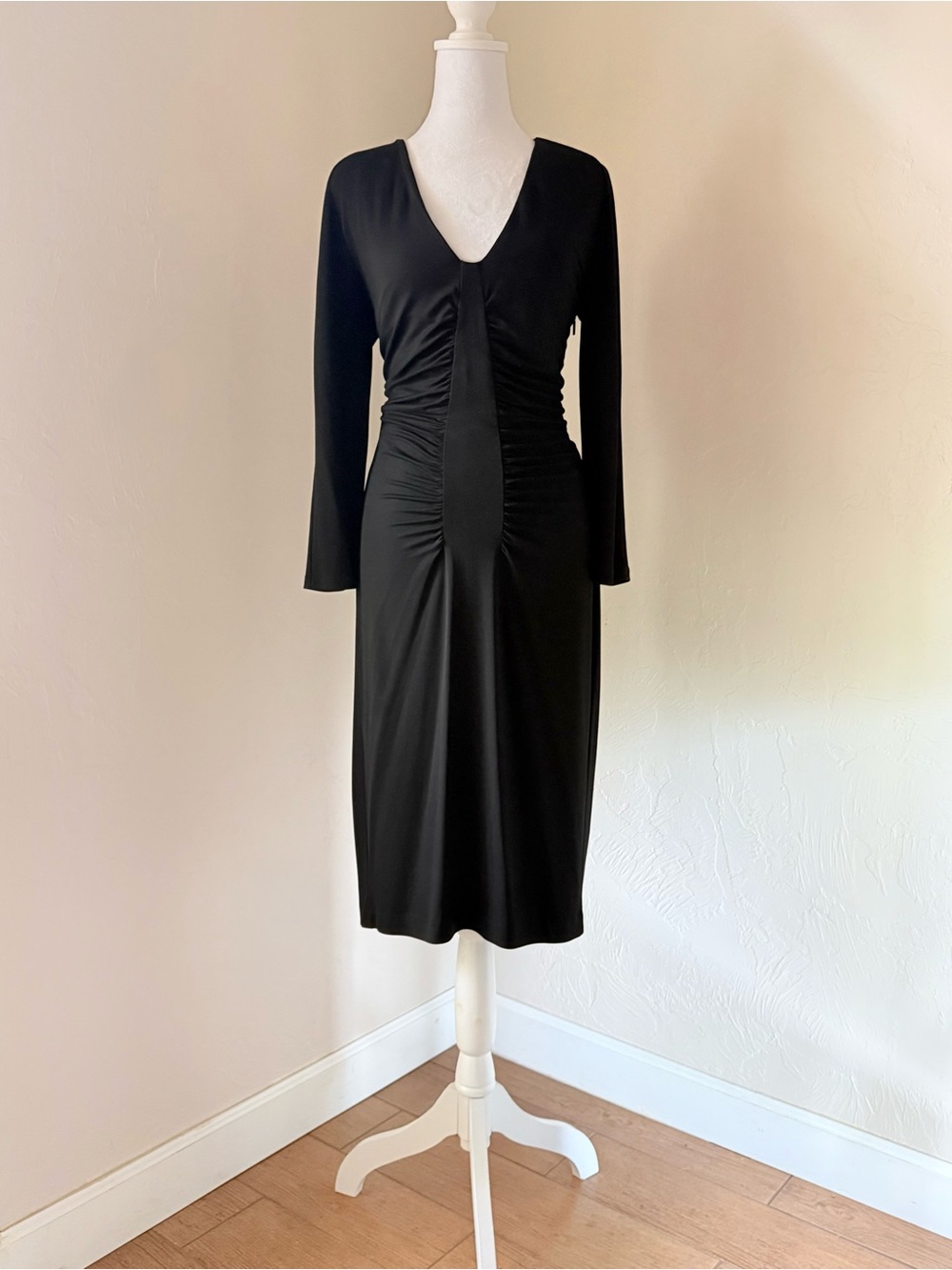 Roberto Cavalli Ruched Black Stretch Jersey Midi Dress V U Neck Long Sleeve 44 8